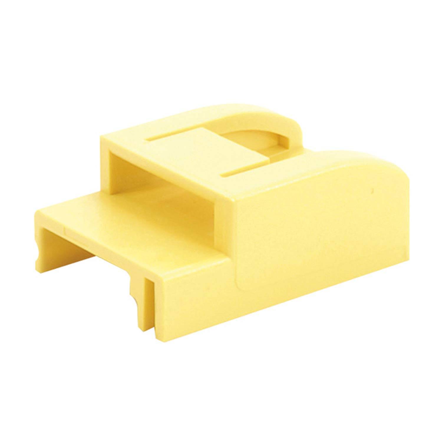 Ein gelbes Kunststoff-Elektronikgehäuse mit offenen Enden und einer rechteckigen Aussparung auf der Oberseite.
