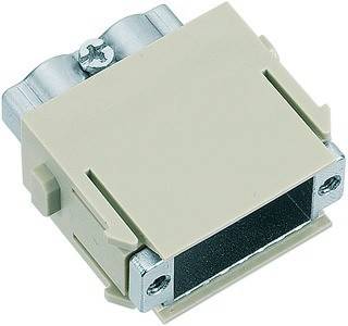 Beiger elektrischer Stecker mit Metallteilen an der Oberfläche, von einem Winkel aus betrachtet, vor einem einfarbigen Hintergrund.