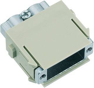 Eine Nahaufnahme eines beigen elektrischen Steckverbinders mit einem Metallhalter, der zwei Schrauben oben zum Befestigen und eine rechteckige Öffnung zeigt.