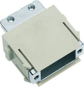Ein beiger und metallischer Glasfaseradapter zum Verbinden von optischen Fasern, mit zwei Befestigungsschrauben und rechteckiger Form.
