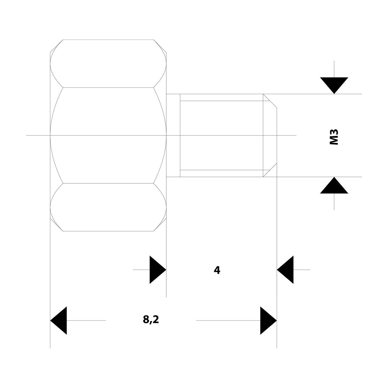 Technische Zeichnung eines Knaufs mit beschrifteten Abmessungen: Breite 8,2, Tiefe 4 und Schraubengröße M3.