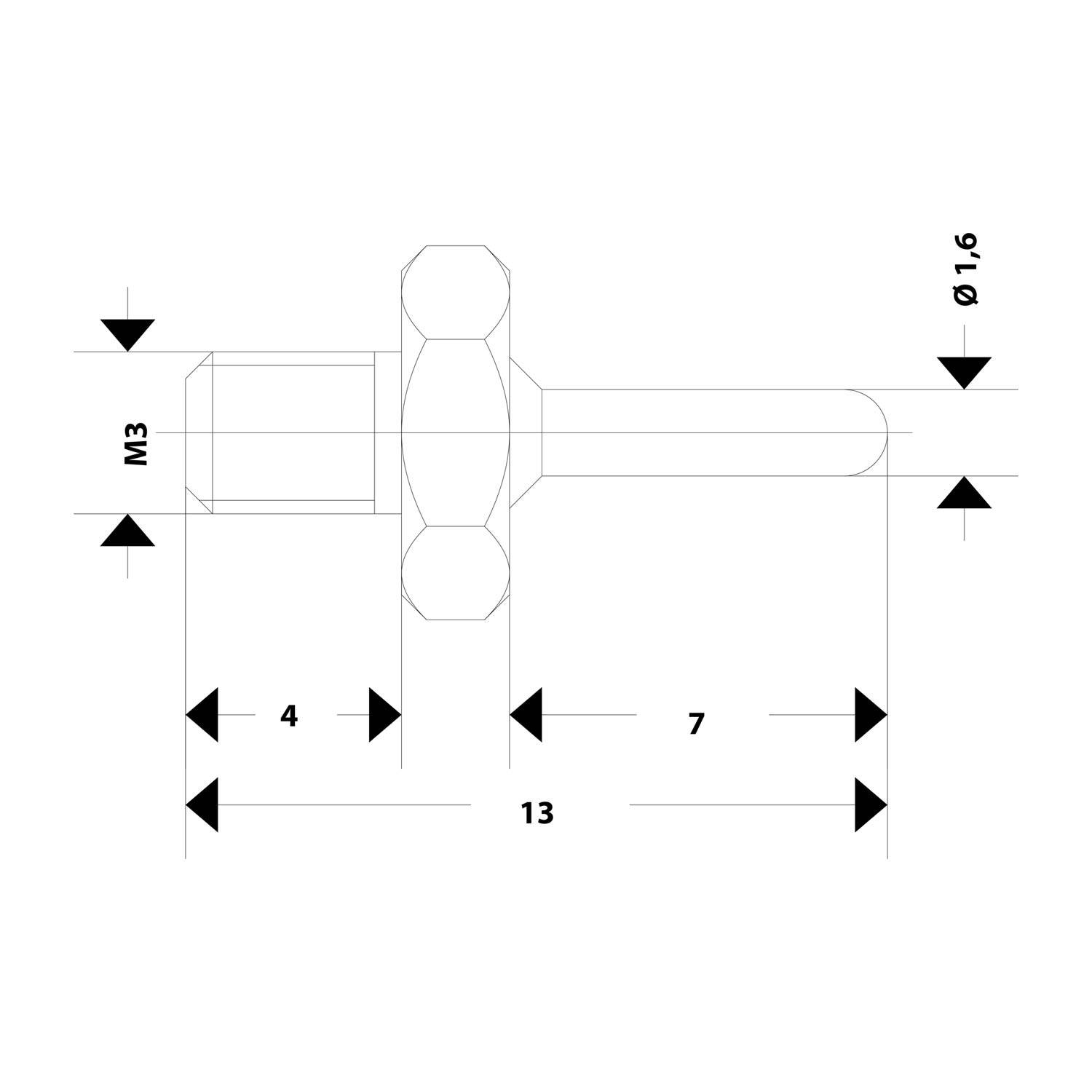 Eine technische Zeichnung eines Bolzens mit der Kennzeichnung M3, einer Gesamtlänge von 13 Einheiten und Durchmessern, die mit 1,6 für die Welle und 4 sowie 7 Einheiten für die Abschnitte gekennzeichnet sind.
