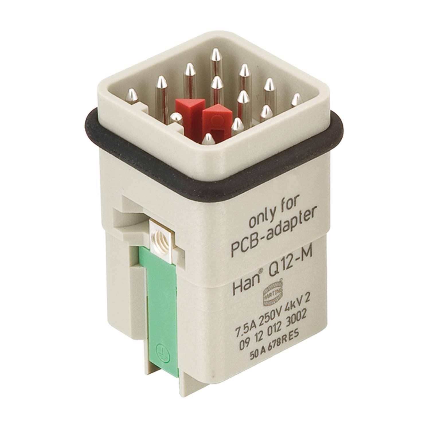 PCB-Adapter für Han Q12-M, 7,5A 250V 4kV, mit 12 Metallstiften, grauem Gehäuse, rote und grüne Komponenten an den Seiten.