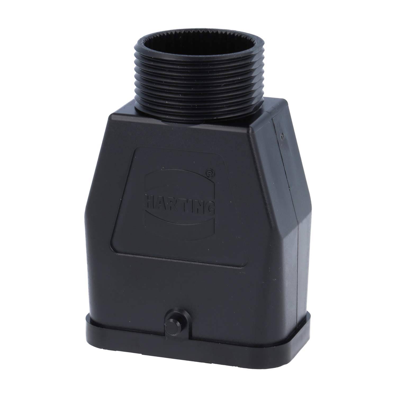 Ein schwarzes Industriestecker-Gehäuse mit Gewinde oben, rechteckigem Körper und geprägtem Logo. Entwickelt für den Einsatz in elektrischen Anwendungen.