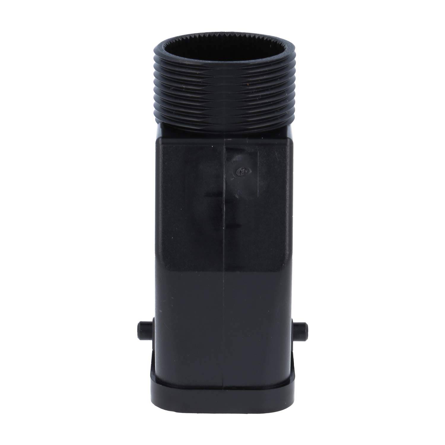 Eine schwarze Kunststoffrohrmuffe mit Gewinde oben, entworfen für Sanitärverbindungen.