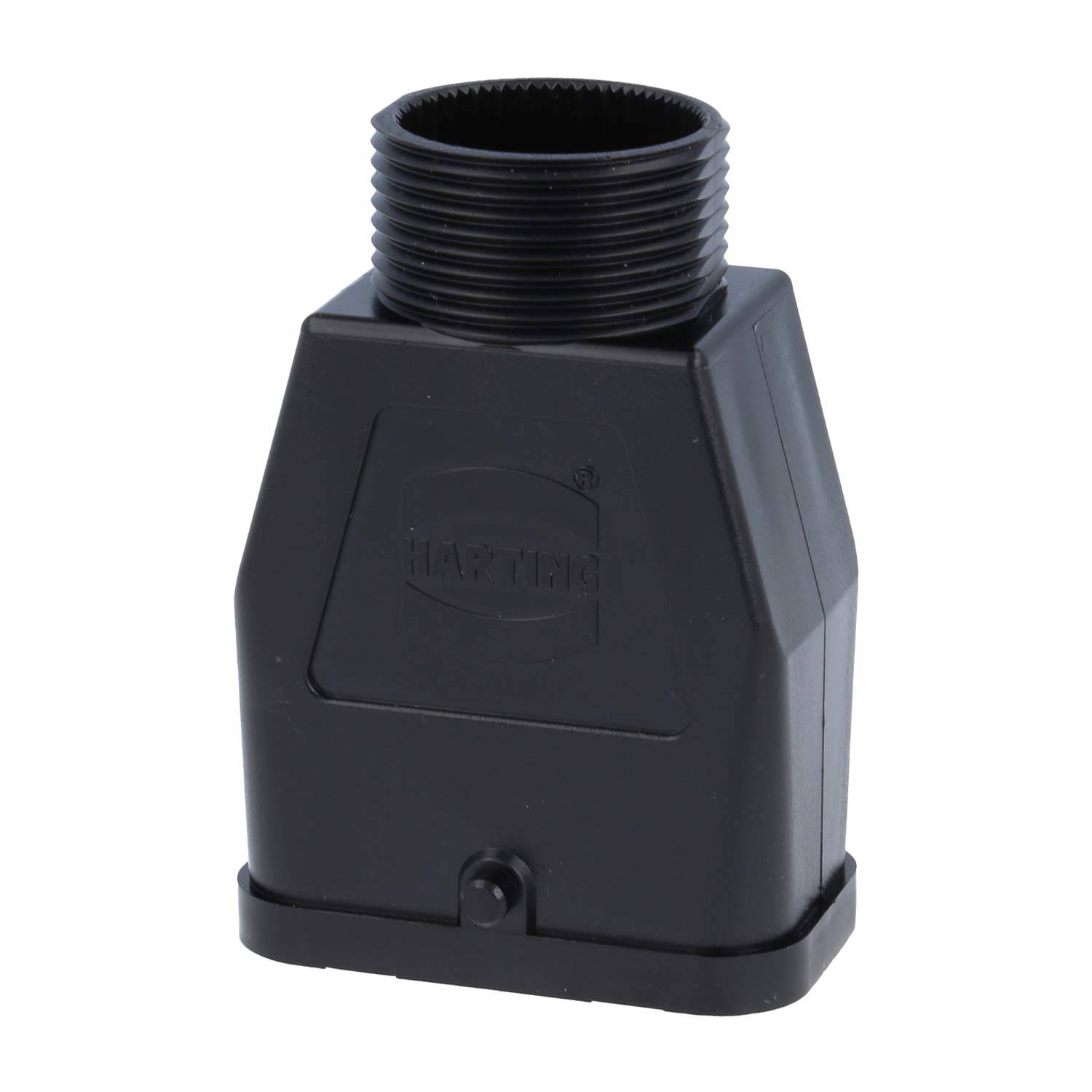 Ein schwarzer, rechteckiger Kunststoffadapter mit Gewinde oben zum Verbinden von Schläuchen oder Rohren, mit einem Logo auf der Vorderseite.