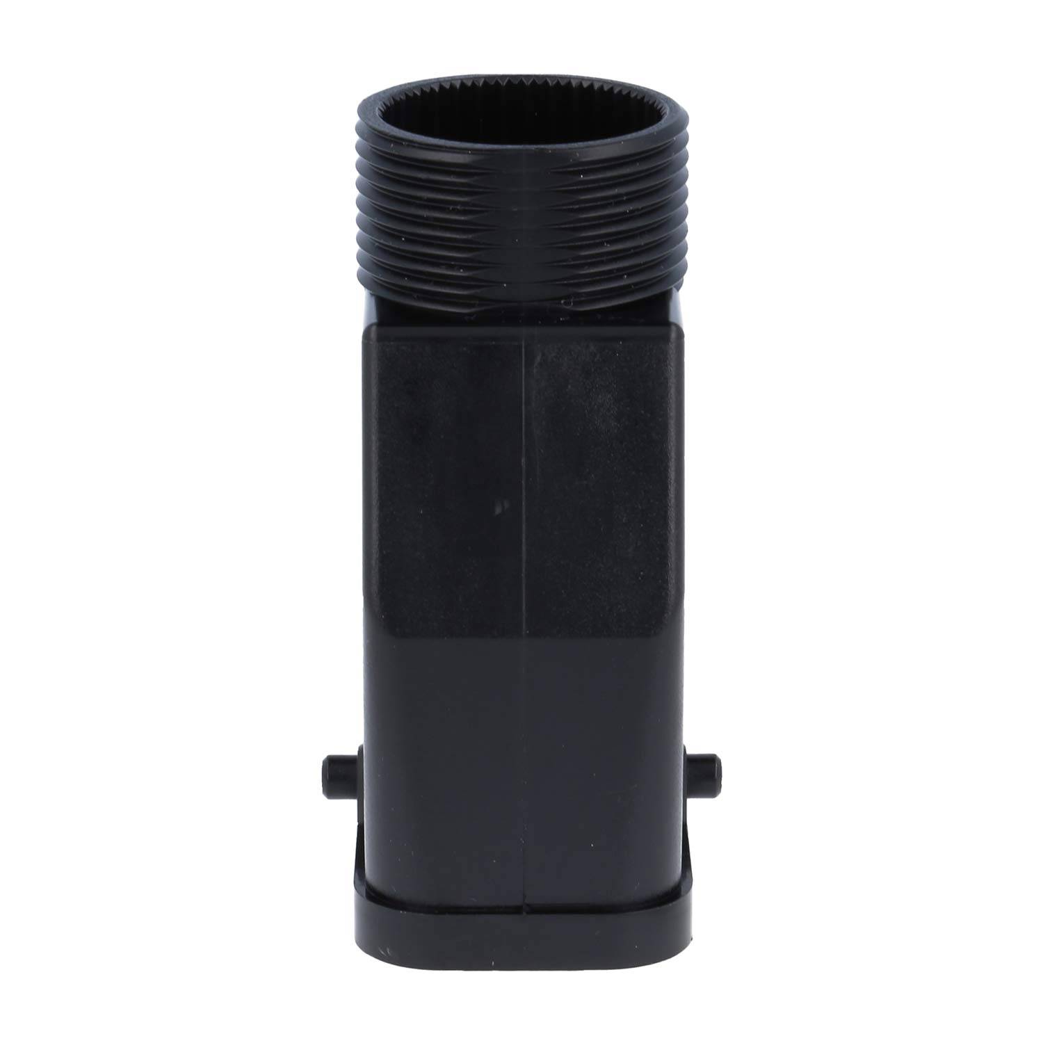 Ein schwarzer, zylindrischer Kunststoffverbinder mit Gewinde an einem Ende, der für sanitäre oder mechanische Zwecke verwendet wird.