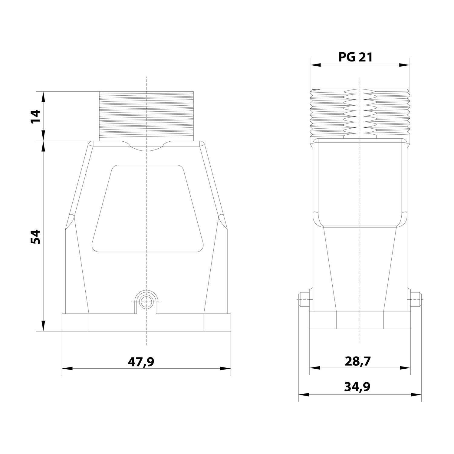 Technische Zeichnung eines Bauteils mit Abmessungen: Höhe 54 mm, Breite 47,9 mm, Tiefe 34,9 mm, Gewinde PG 21 und oberer Abschnitt von 14 mm.