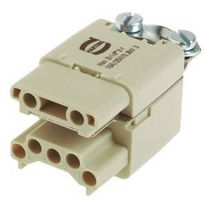 Ein beige farbener elektrischer Kabelverbinder mit fünf Löchern und zwei Schrauben, vorgesehen für Steckverbindungen. Eingravierter Text liefert Modelldetails.