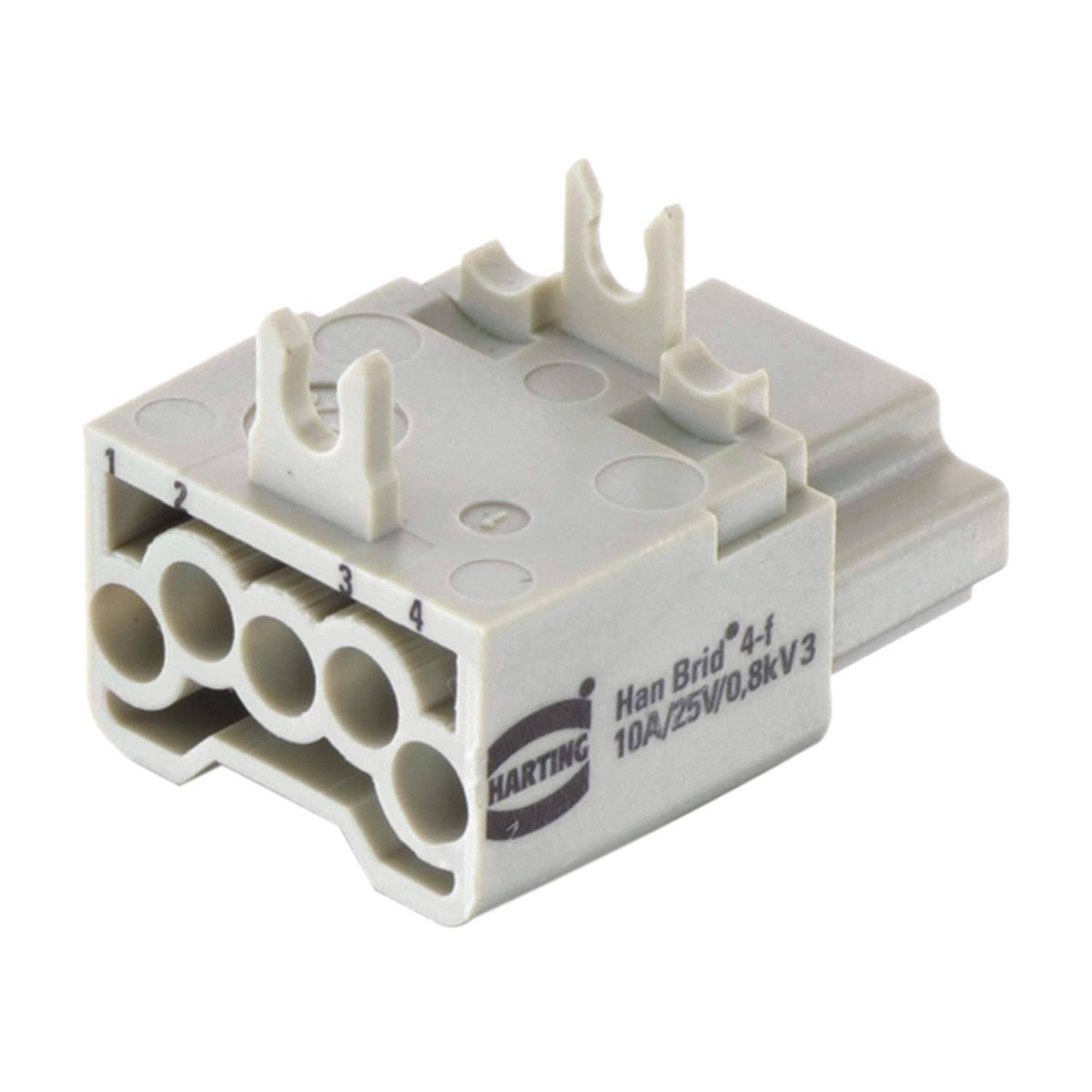 Grauer Elektrostecker mit vier runden und zwei rechteckigen Anschlüssen, gekennzeichnet mit HARTING-Logo und Spezifikationen: Han Brid 4.1, 10A/25V/0,8kV3.