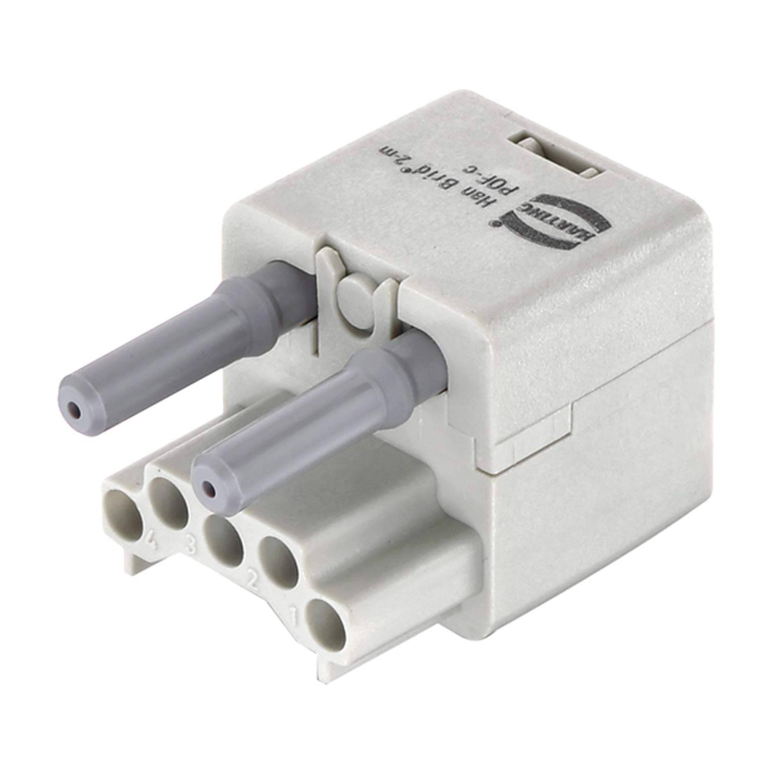 Ein weißer elektrischer Stecker mit zwei grauen Stiften mit den Aufschriften 