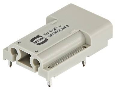 Ein weißer elektrischer Stecker, beschriftet mit 'HARTING Han 8 H® 10A/250V/8 3A', mit zwei Metallstiften und einer geschlitzten Seite zur Kabelanbindung.