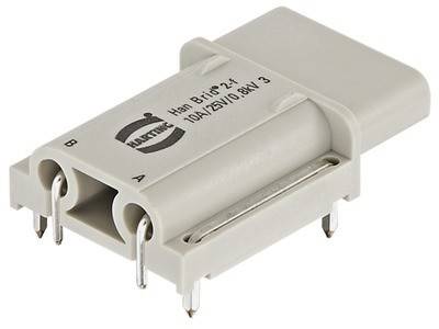 Ein rechteckiger elektrischer Stecker mit zwei Pins und einem Harting-Logo. Er ist beschriftet mit 'Han Brid 2A' und '10A/250V/8kV 3'.