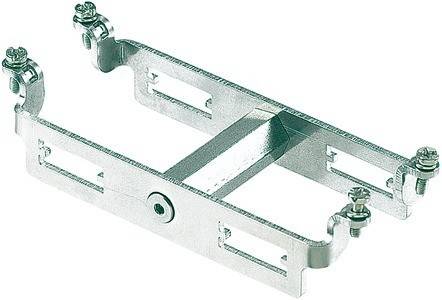 Rechteckige metallische Halterung mit Verstellschlitzen und Schrauben, wahrscheinlich zum Montieren oder Sichern von Komponenten in mechanischen Baugruppen verwendet.