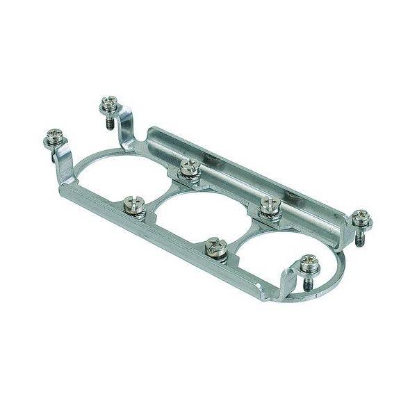 Metallhalterung mit drei kreisförmigen Haltern und sechs Schrauben, verwendet zum Befestigen von zylindrischen Objekten.