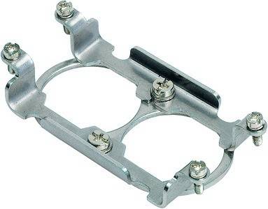 Metallische Halterung mit vier Schrauben, entwickelt zum sicheren Halten von zwei zylindrischen Objekten. Häufig in Maschinen- oder Fahrzeuganwendungen eingesetzt.