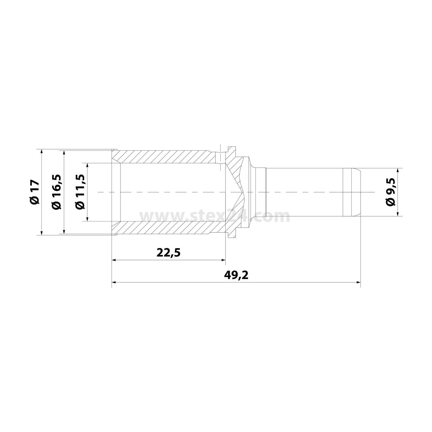 Technisches Diagramm einer zylindrischen Komponente mit verschiedenen Durchmessermessungen. Hauptabmessungen: 17 mm, 22,5 mm, 49,2 mm.
