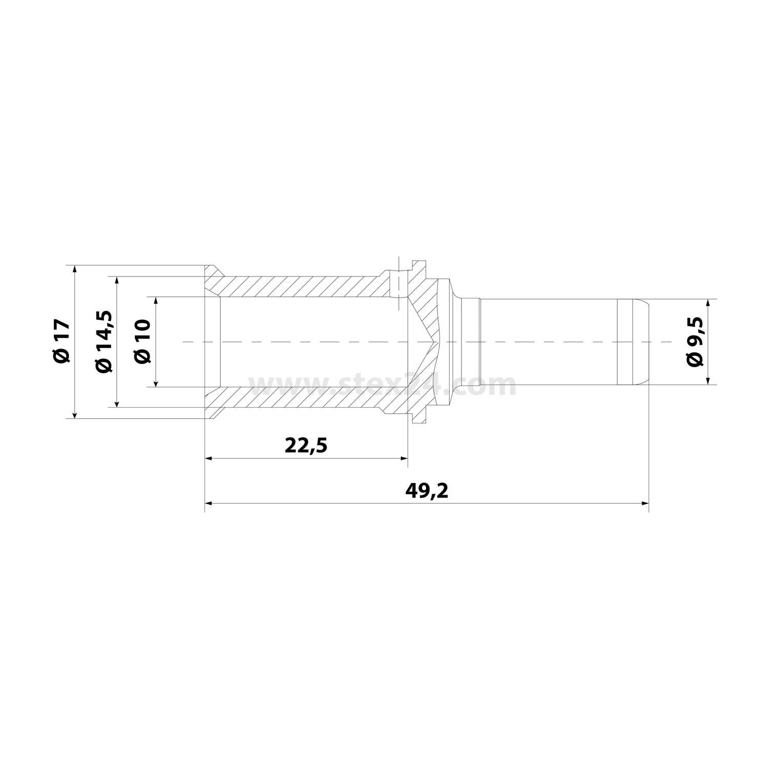 Technisches Diagramm einer zylindrischen Komponente mit Querschnitt. Abmessungen sind gekennzeichnet: Gesamtlänge 49,2, Durchmesser variiert von 17 bis 9,5 Einheiten.