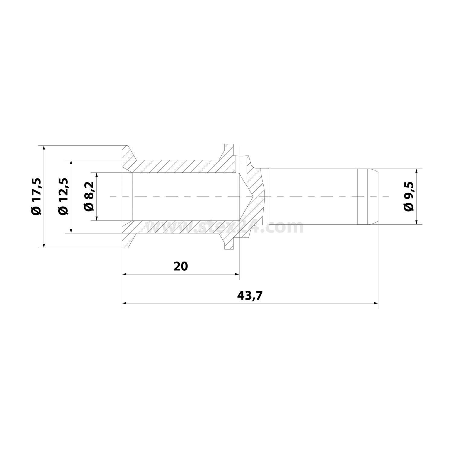 Technische Zeichnung eines Bauteils mit Abmessungen: Außendurchmesser 17,5 mm, 12,5 mm, Innendurchmesser 8,2 mm, 9,5 mm, Längen 20 mm, 43,7 mm.