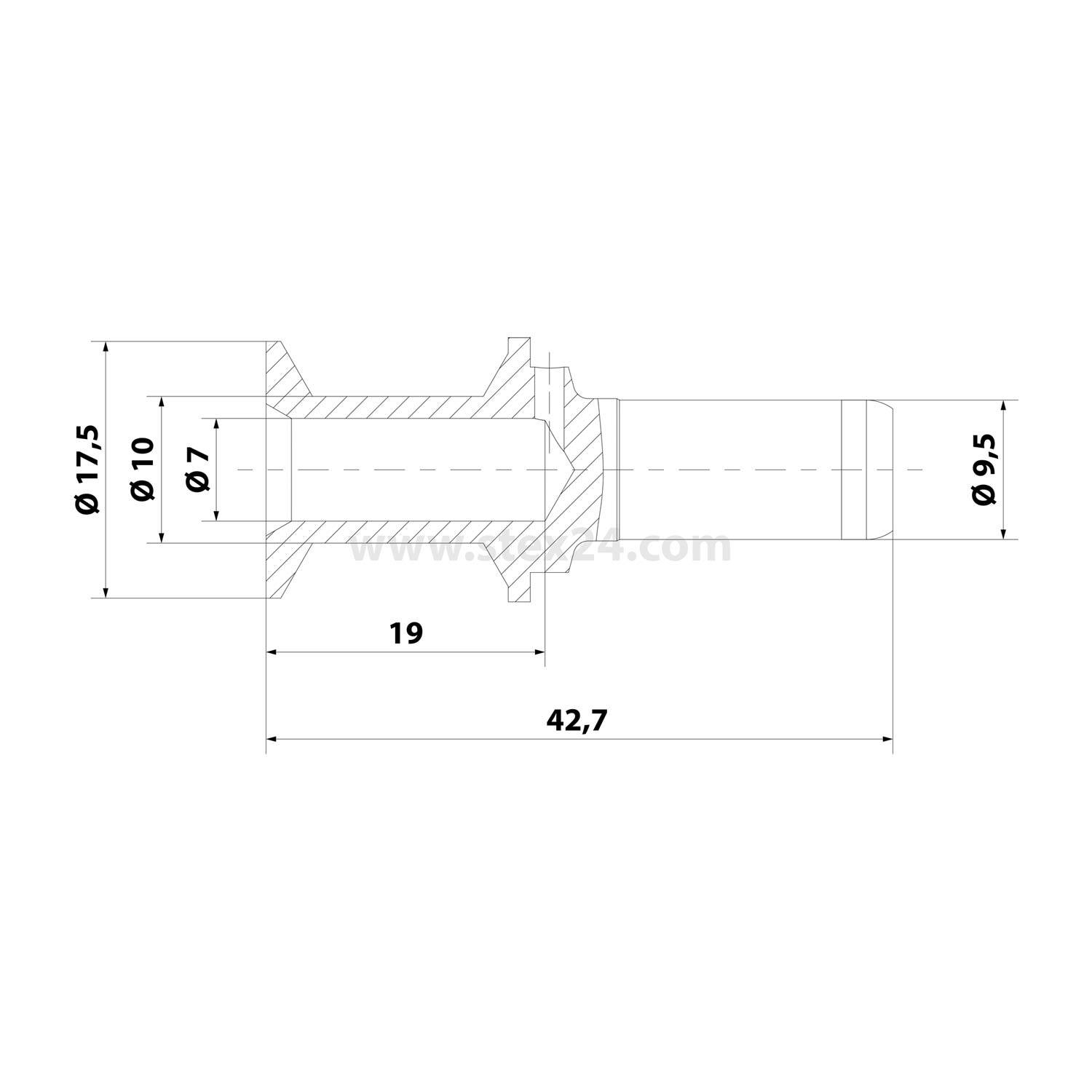 Technisches Diagramm eines mechanischen Teils mit Abmessungen: 17,5 mm Breite, 42,7 mm Länge, 9,5 mm Durchmesser. Querschnittsansicht dargestellt.