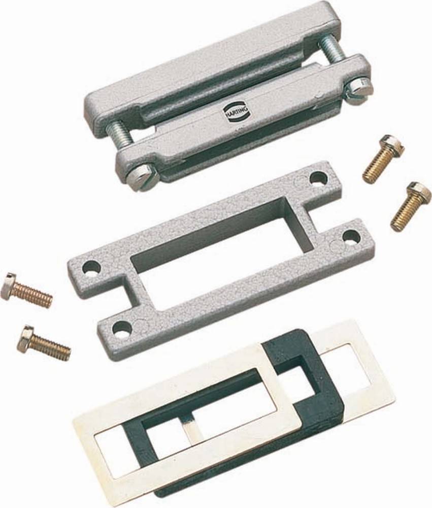 Metallschrankscharnier-Set mit Befestigungsschrauben und Rückplatten, die die für die Installation erforderlichen einzelnen Komponenten zeigt.