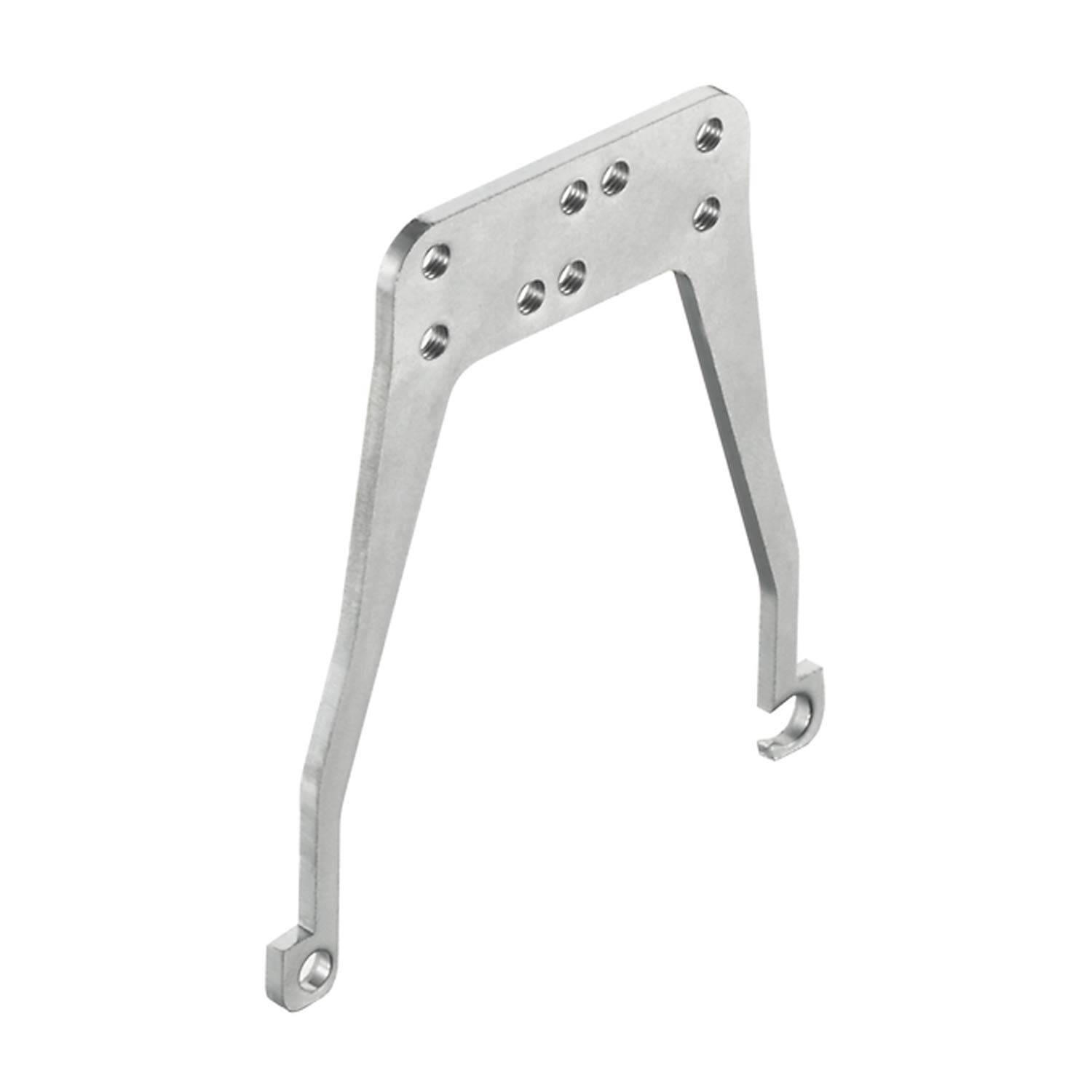 Eine Metallhalterung mit mehreren Schraubenlöchern, die zum Montieren oder Befestigen ausgelegt ist. Sie hat eine U-Form mit abgerundeten Enden.