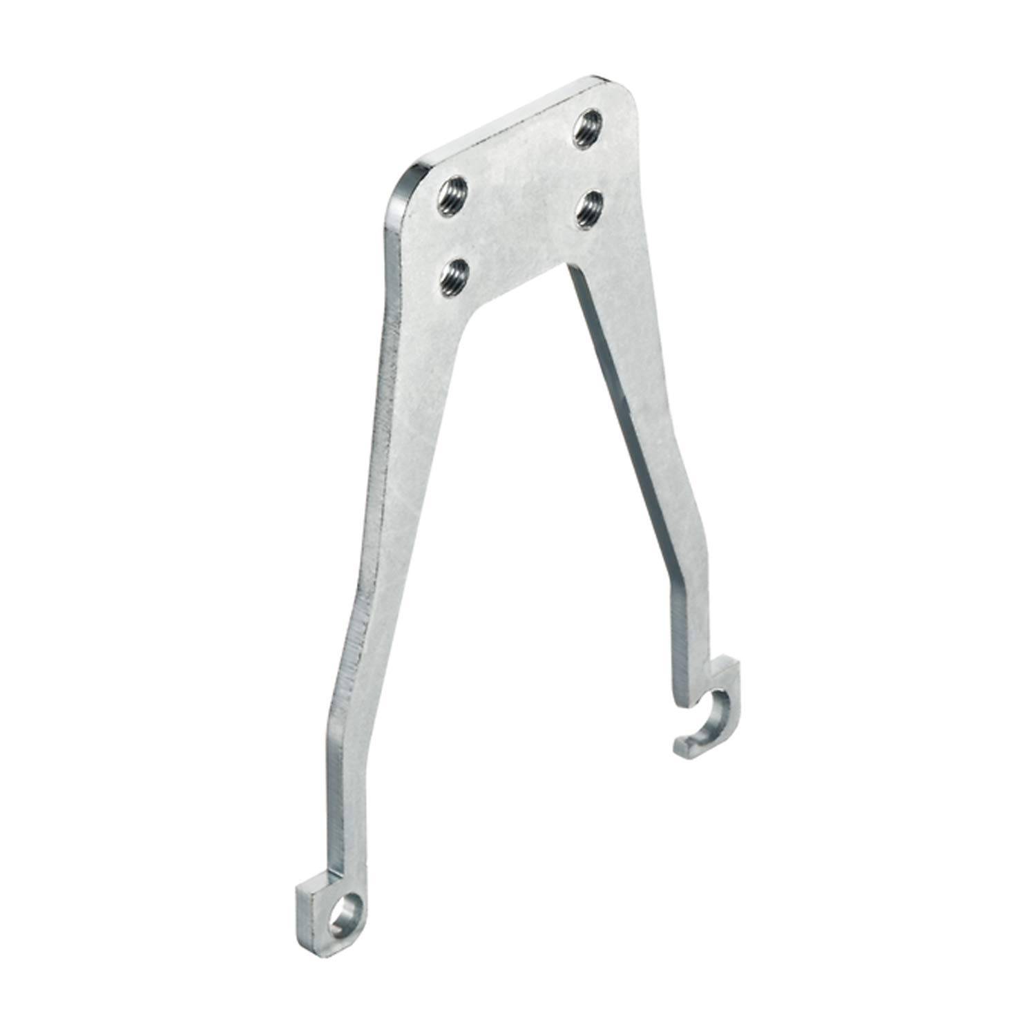Metallhalterung mit vier Löchern und Haken, wahrscheinlich für mechanische oder strukturelle Unterstützung verwendet.