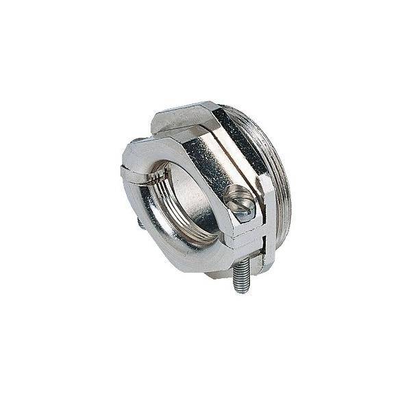 Eine metallische industrielle Kupplung mit gewindeter Innenbohrung und einem seitlichen Bolzen, die zum Verbinden von Rohren oder Maschinenkomponenten verwendet wird.