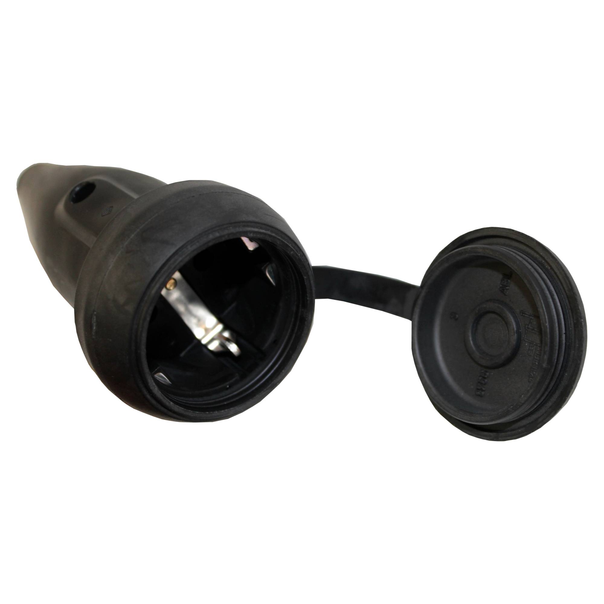 Schutzkontakt-Gummi-Kupplung, schwarz 230V / 16A, Deckel, Außenbereich
