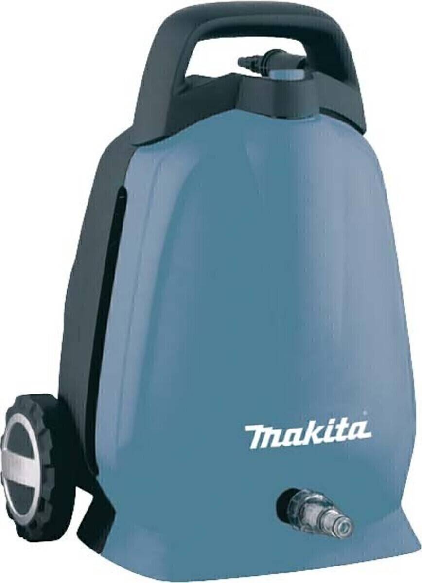 Ein blauer Makita-Hochdruckreiniger mit schwarzem Griff und Rad, konzipiert zum Reinigen von Oberflächen.