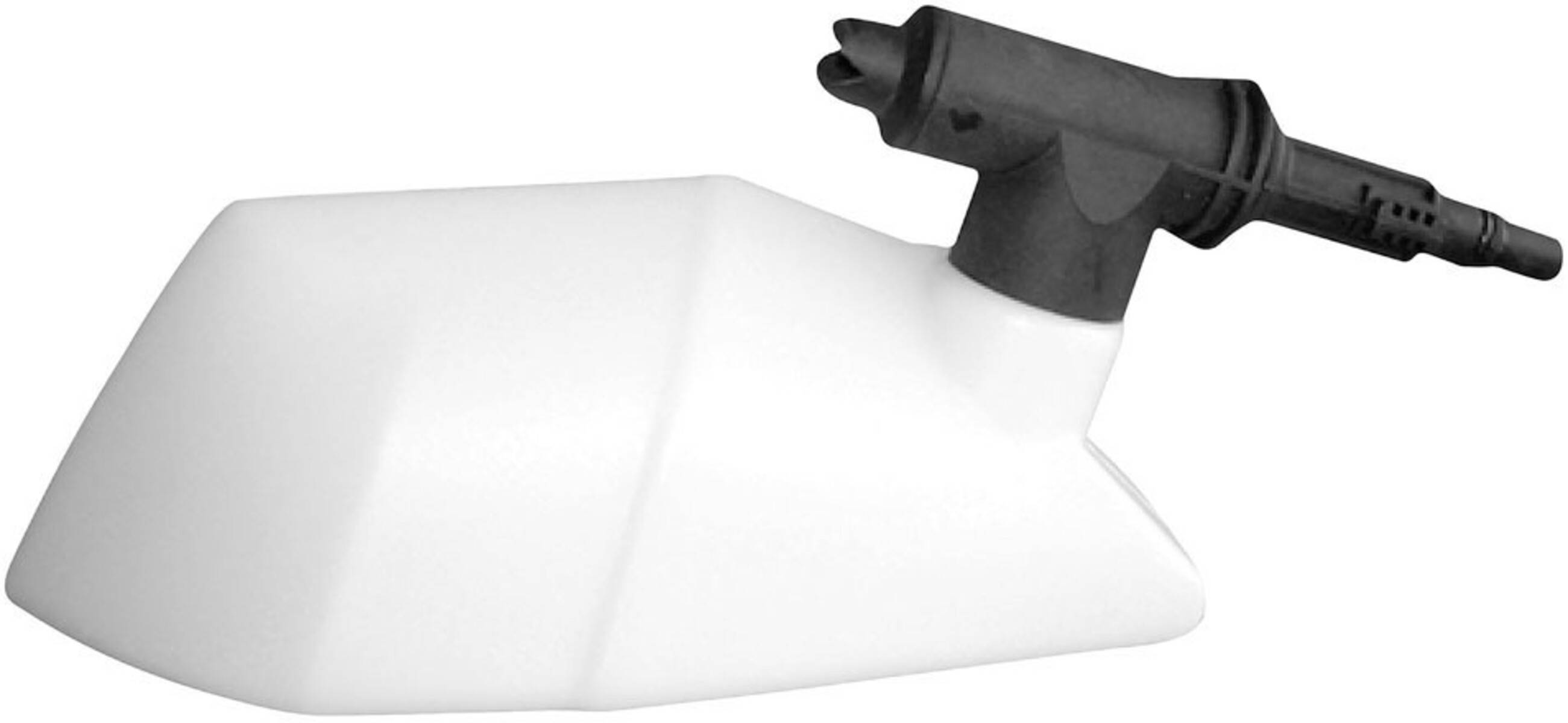 Eine weiße Sprühflasche mit schwarzer Düse, nach links geneigt, vor einem einfarbigen Hintergrund.