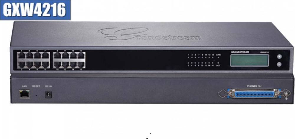 Ein Bild eines Grandstream-Netzwerkgeräts mit mehreren Anschlüssen zum Verbinden von Kabeln, das typischerweise in Telekommunikationseinrichtungen verwendet wird.