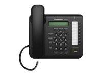 Schwarzes Panasonic-Bürotelefon mit Hörer, Tastenfeld, Display und programmierbaren Tasten.