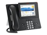 Schwarzes Bürotischtelefon mit Hörer, Farbdisplay und Tastatur auf weißem Hintergrund.