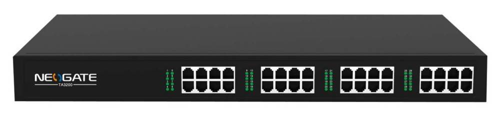 Ein schwarzer Netzwerk-Switch mit 16 Ethernet-Ports und grünen Kontrollleuchten in der Mitte, die den Verbindungsstatus anzeigen.