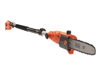 Orange-schwarze Black & Decker Kettensäge mit verlängertem schwarzem Schaft und Kettensägeschneider auf weißem Hintergrund.