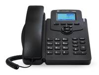 Schwarzes Bürotischtelefon mit Hörer, Tastatur und kleinem blaubeleuchteten Display auf weißem Hintergrund