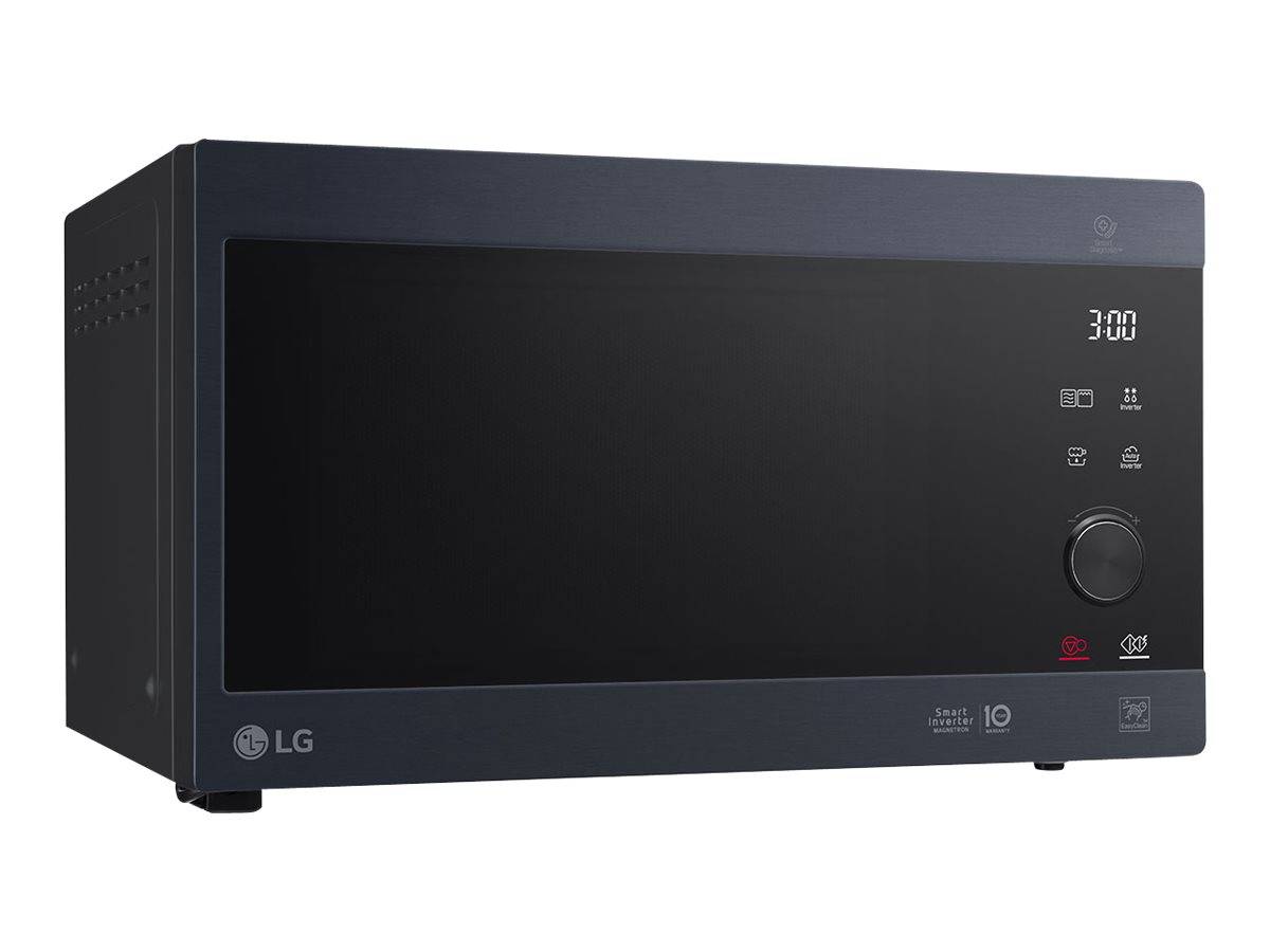 Schwarze LG-Mikrowelle mit digitaler Anzeige, Kontrolltasten und einem Drehknopf auf der rechten Seite.