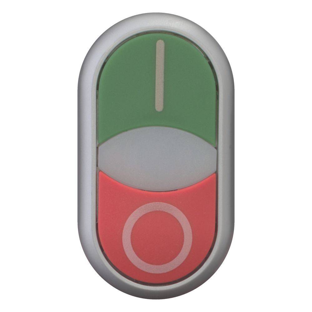 Ein ovaler Schalter mit einem grünen 'Ein' Symbol und einem roten 'Aus' Symbol, der den Stromstatus anzeigt.