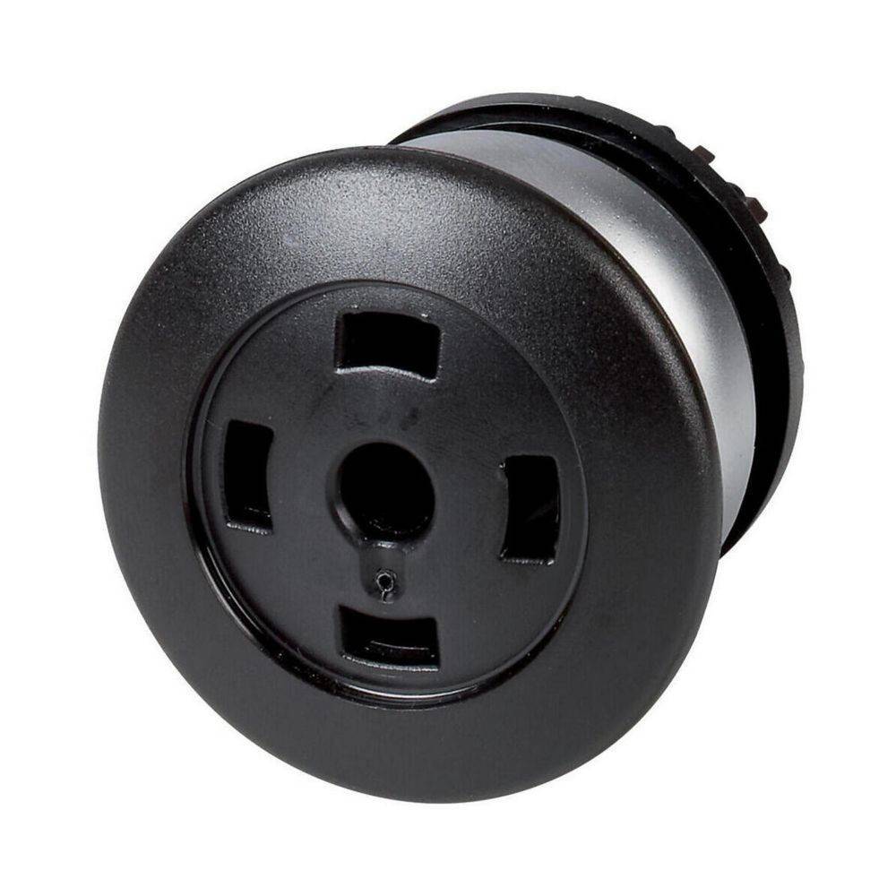 Eine schwarze, kreisförmige elektrische Steckdose für industrielle Zwecke, mit einem einzelnen runden Loch in der Mitte, umgeben von drei quadratischen Aussparungen.