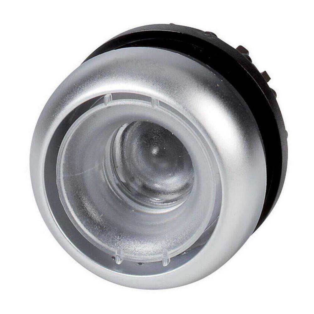 Eine Nahaufnahme einer transparenten, runden Linse oder Taste, die in einem Metallgehäuse montiert ist, möglicherweise eine Komponente für eine Maschine oder ein Gerät.