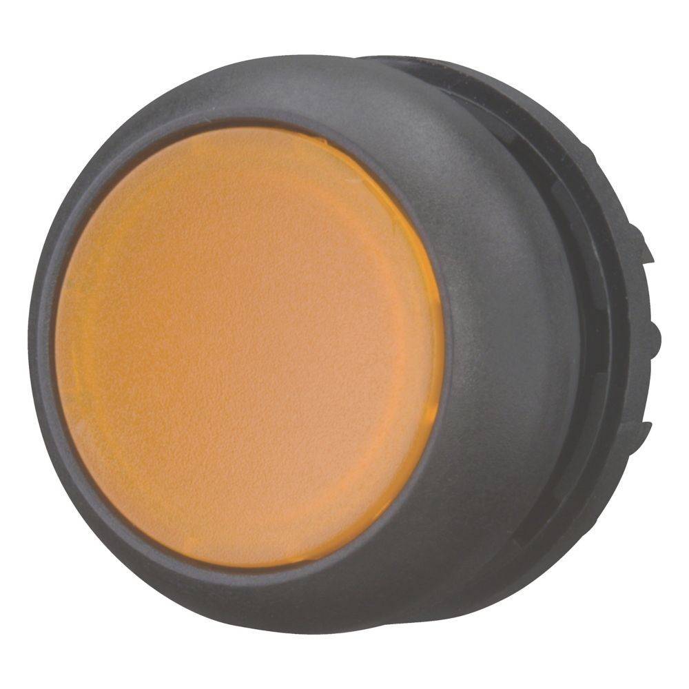 Ein runder, orangefarbener Druckknopf mit einem schwarzen Gehäuse, der typischerweise in industriellen oder Maschinensteuerungspanels verwendet wird.