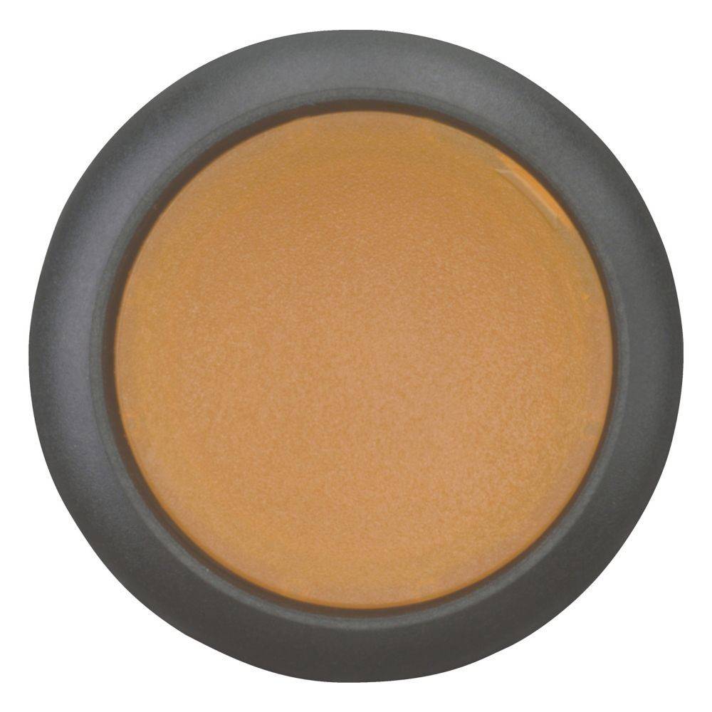 Kreis von pfirsich-beige Gesichtsschminke in einem runden, dunkelgrauen Behälter, von oben betrachtet.