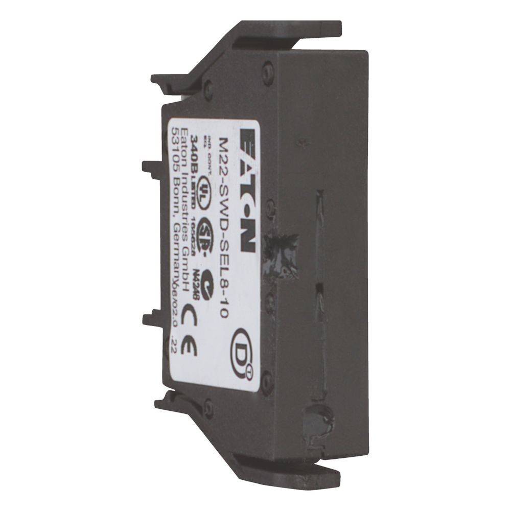 Eine schwarze elektrische Komponente mit einem weißen Etikett, auf dem 