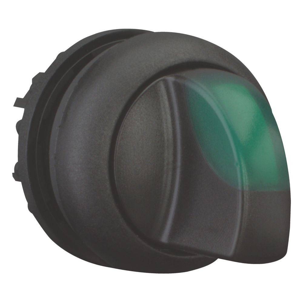 Nahaufnahme eines runden, schwarzen Plastikknopfes mit einer grünen Kontrollleuchte oben. Wird zur Steuerung von Geräten oder Haushaltsgeräten verwendet.