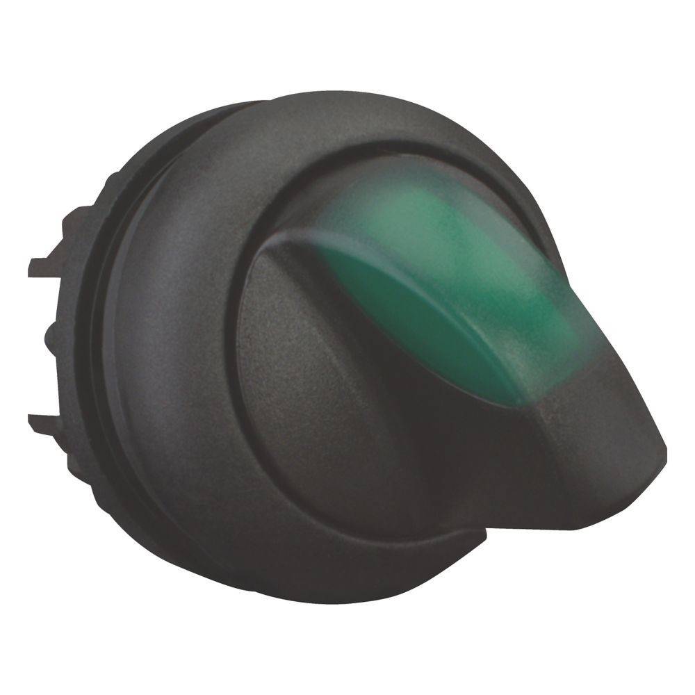 Ein schwarzer Drehknopf mit einer grünen Markierungslinie, der zur Einstellung von Geräten oder Vorrichtungen verwendet wird.