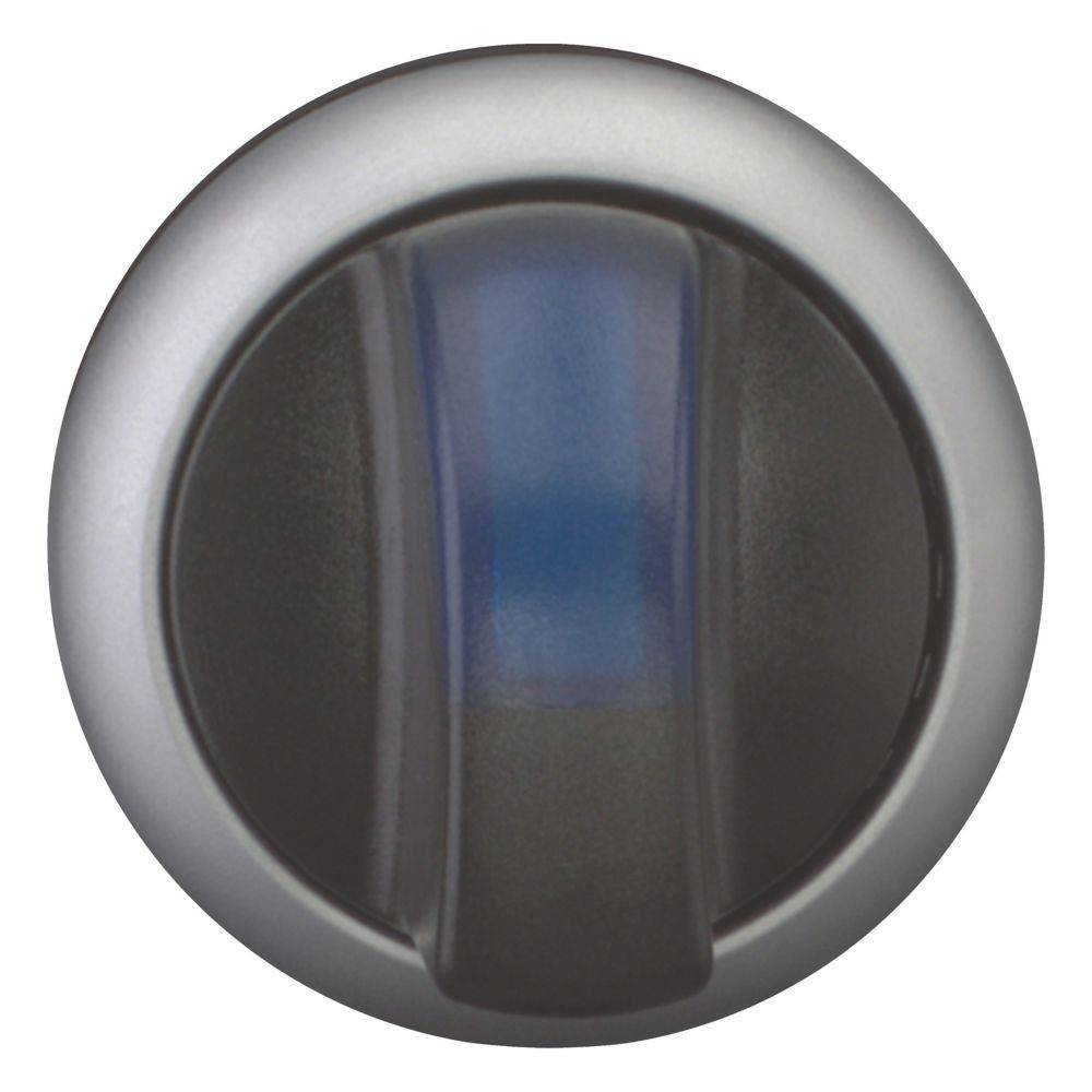 Ein runder, metallischer Knopf mit einem zentralen schwarzen Griff und einem transluzenten blauen Streifen.