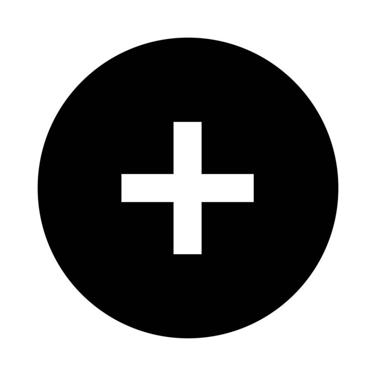 Ein schwarzer Kreis mit einem weißen Pluszeichen in der Mitte, der häufig Addition oder eine positive Handlung symbolisiert.