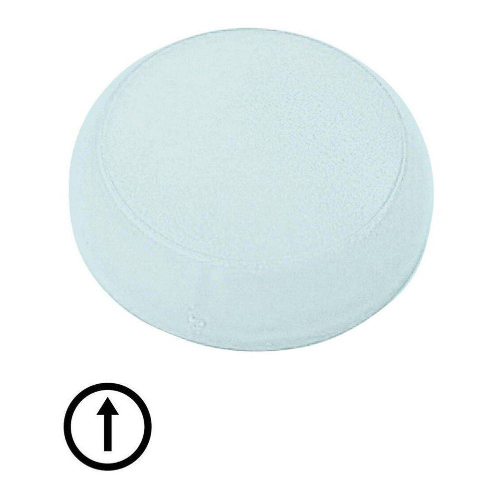 Ein runder weißer Rauchmelder mit einem Aufwärtspfeil-Symbol darunter.