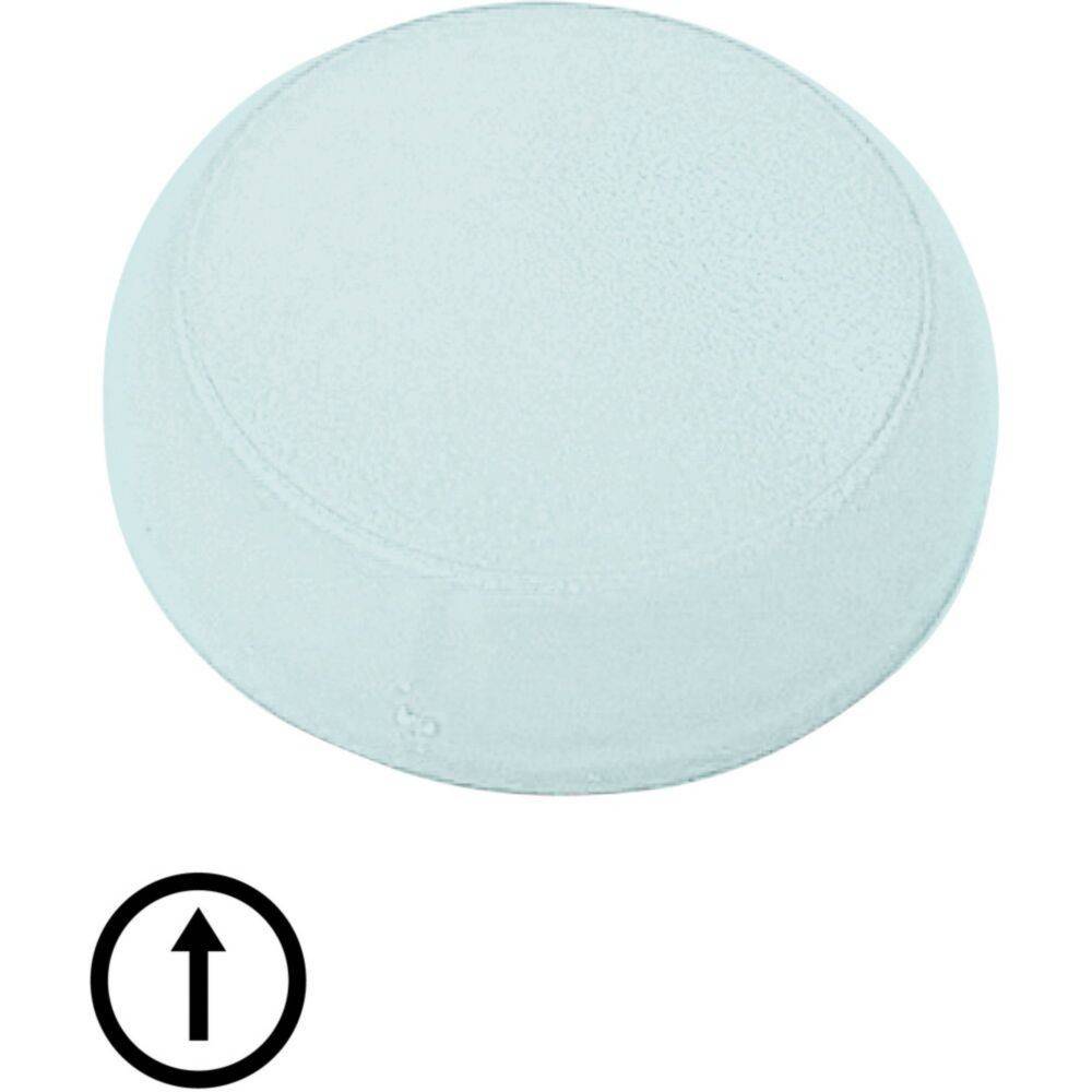 Ein rundes, hellblaues Kissen mit einer strukturierten Oberfläche. Darunter befindet sich ein schwarzes, nach oben weisendes Pfeilsymbol, das eine aufwärtsgerichtete Bewegung andeutet.